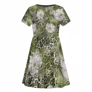African Leopard Floral Pattern Kid Short Sleeve Dress Safari Moss