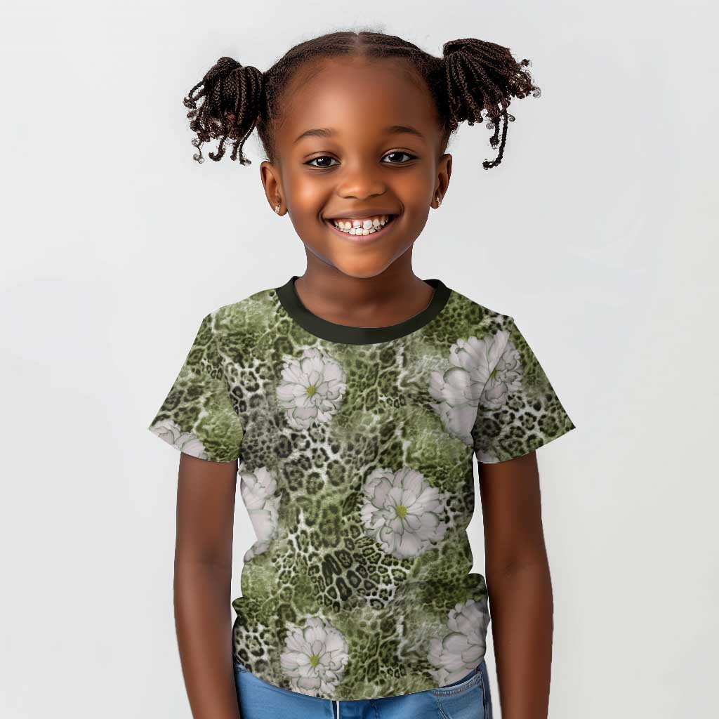 African Leopard Floral Pattern Kid T shirt Safari Moss