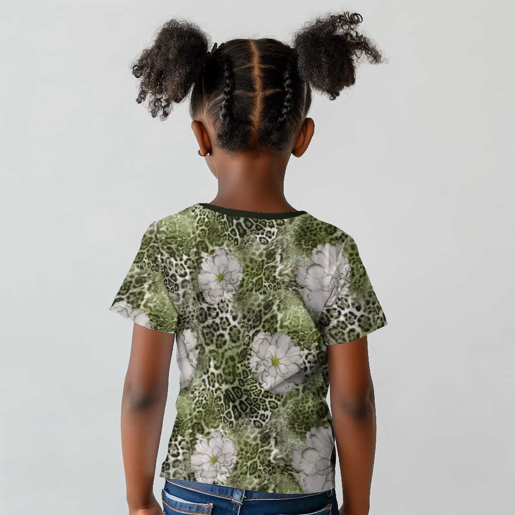 African Leopard Floral Pattern Kid T shirt Safari Moss