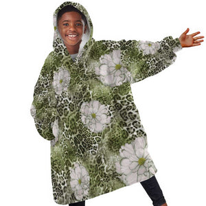 African Leopard Floral Pattern Kid Wearable Blanket Hoodie Safari Moss