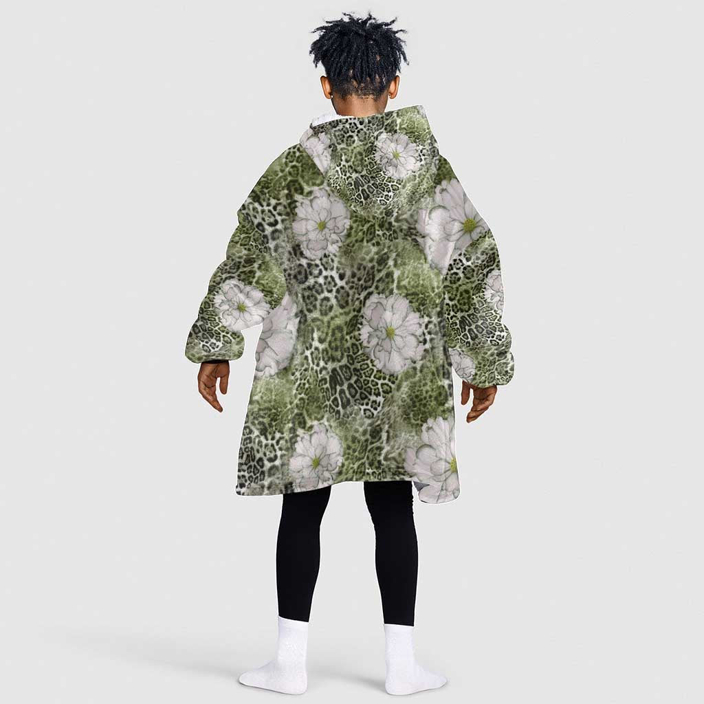 African Leopard Floral Pattern Kid Wearable Blanket Hoodie Safari Moss