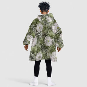 African Leopard Floral Pattern Kid Wearable Blanket Hoodie Safari Moss