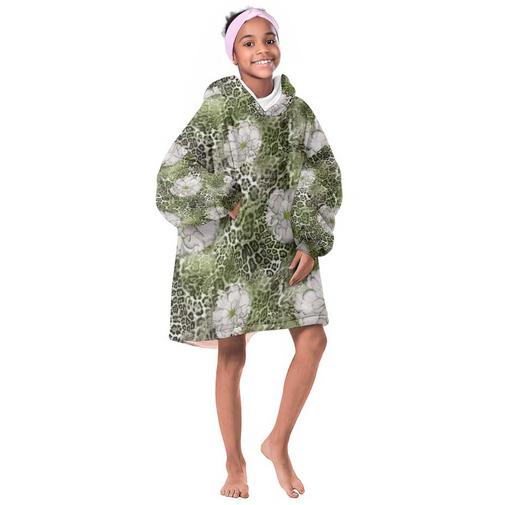 African Leopard Floral Pattern Kid Wearable Blanket Hoodie Safari Moss