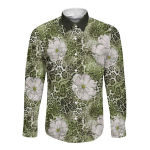 African Leopard Floral Pattern Long Sleeve Button Shirt Safari Moss