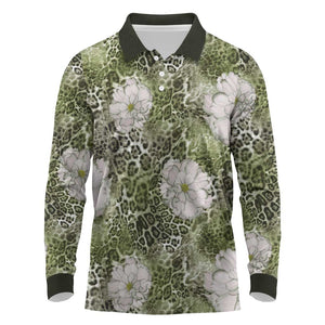 African Leopard Floral Pattern Long Sleeve Polo Shirt Safari Moss