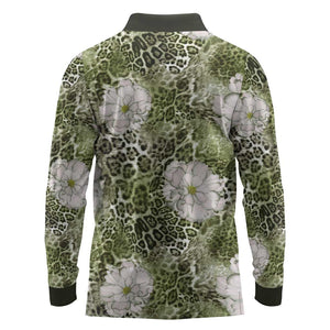 African Leopard Floral Pattern Long Sleeve Polo Shirt Safari Moss