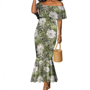 African Leopard Floral Pattern Mermaid Dress Safari Moss