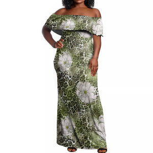 African Leopard Floral Pattern Off Shoulder Maxi Dress Safari Moss