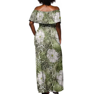 African Leopard Floral Pattern Off Shoulder Maxi Dress Safari Moss