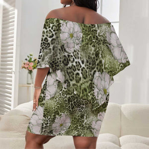 African Leopard Floral Pattern Off Shoulder Short Dress Safari Moss