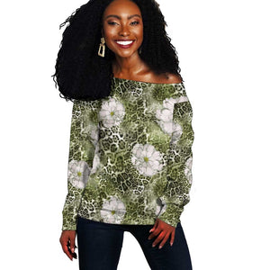 African Leopard Floral Pattern Off Shoulder Sweater Safari Moss
