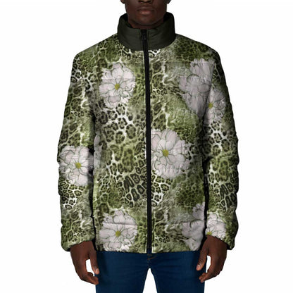 African Leopard Floral Pattern Padded Jacket Safari Moss