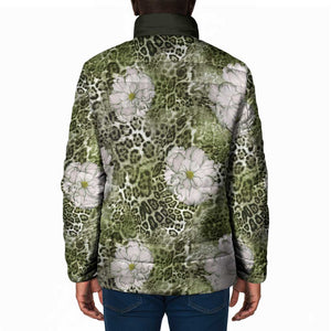 African Leopard Floral Pattern Padded Jacket Safari Moss