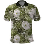 African Leopard Floral Pattern Polo Shirt Safari Moss