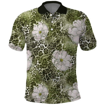 African Leopard Floral Pattern Polo Shirt Safari Moss