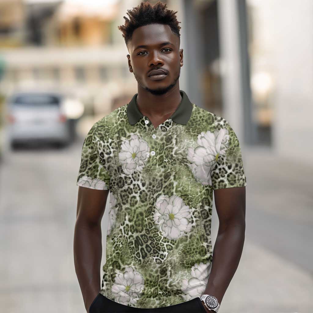 African Leopard Floral Pattern Polo Shirt Safari Moss