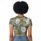 African Leopard Floral Pattern Raglan Cropped T shirt Safari Moss