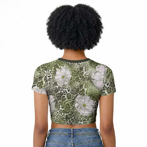 African Leopard Floral Pattern Raglan Cropped T shirt Safari Moss