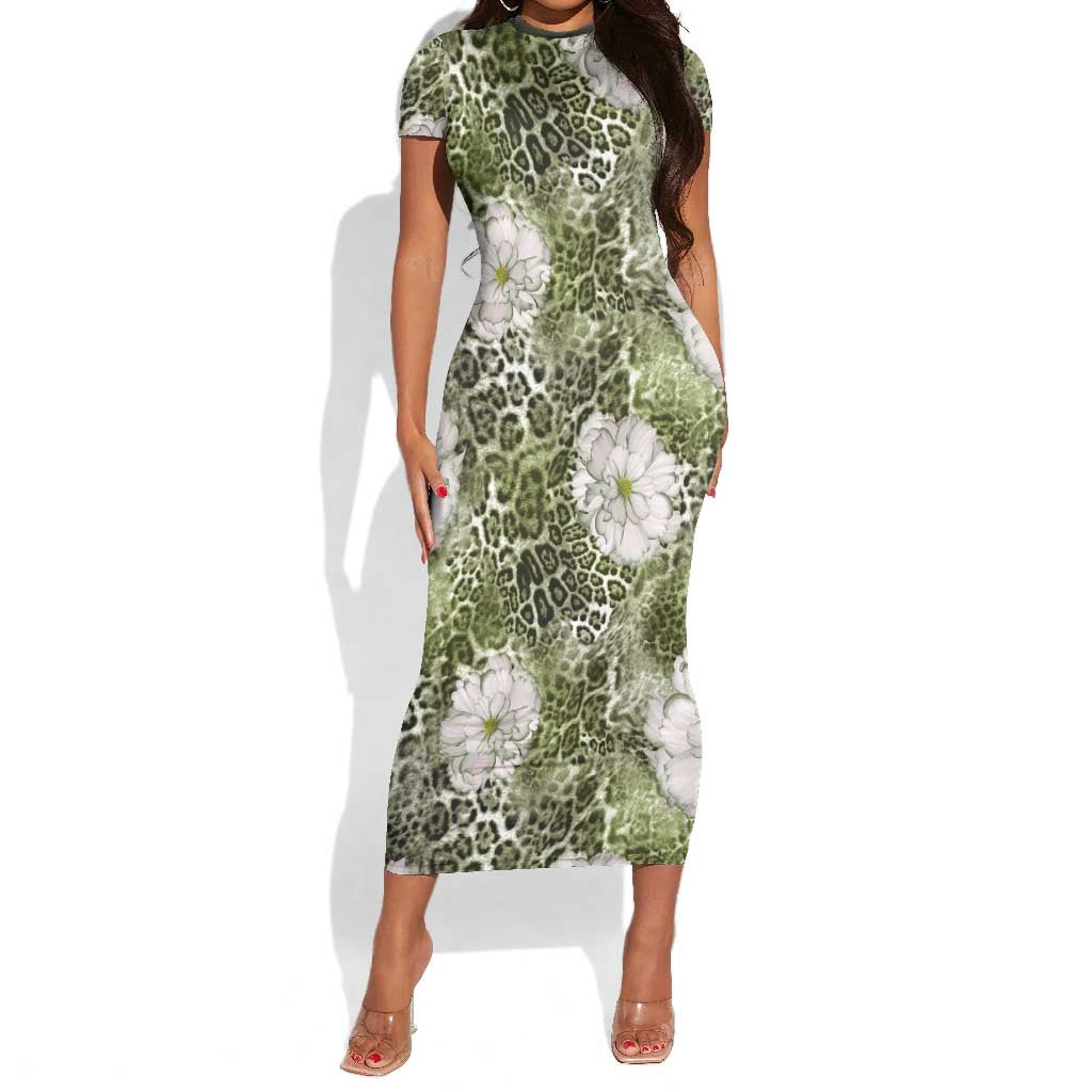 African Leopard Floral Pattern Short Sleeve Bodycon Dress Safari Moss