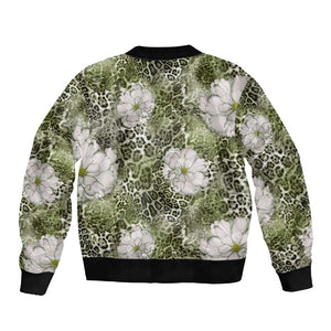 African Leopard Floral Pattern Sleeve Zip Bomber Jacket Safari Moss
