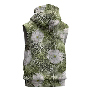 African Leopard Floral Pattern Sleeveless Hoodie Safari Moss