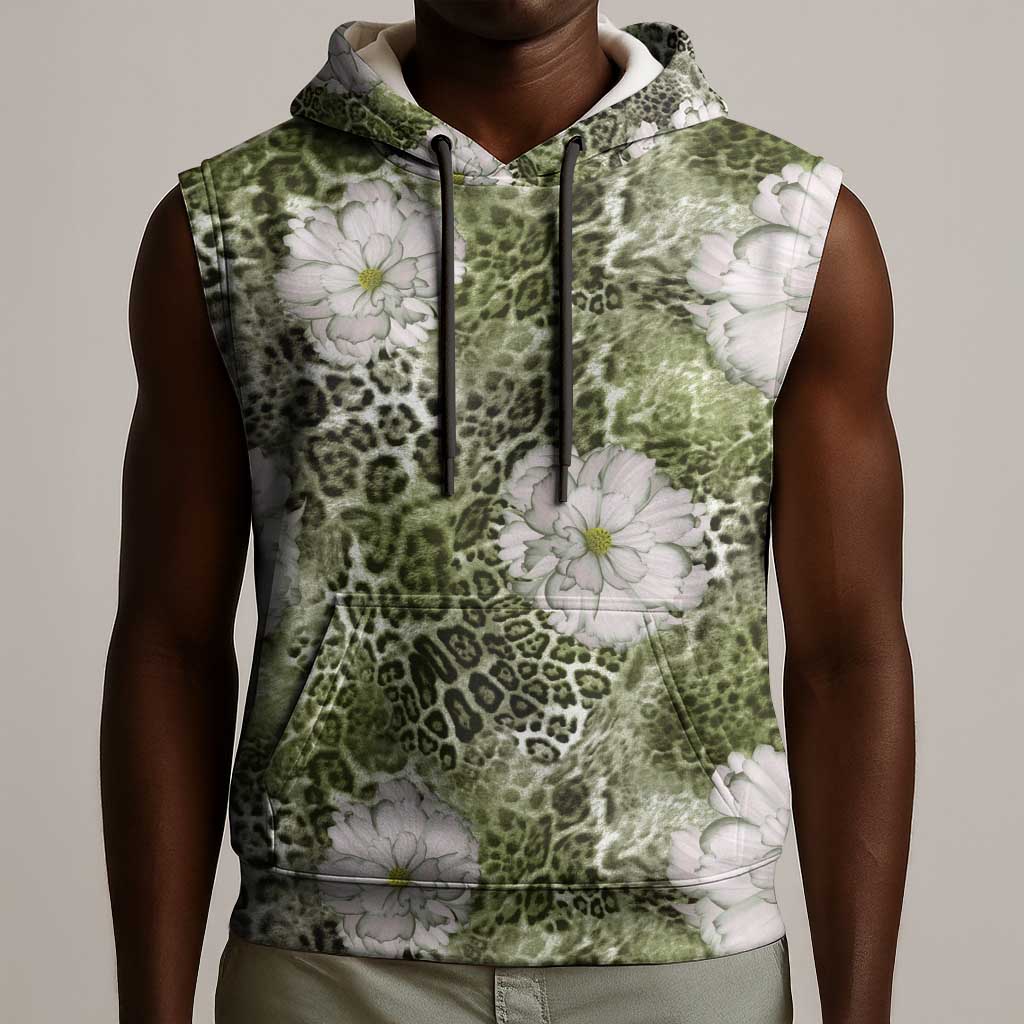 African Leopard Floral Pattern Sleeveless Hoodie Safari Moss