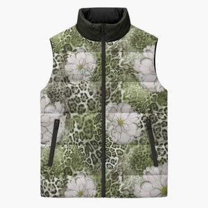 African Leopard Floral Pattern Sleeveless Puffer Jacket Safari Moss
