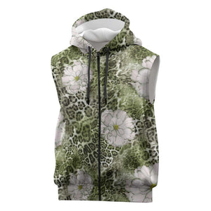African Leopard Floral Pattern Sleeveless Zip Hoodie Safari Moss
