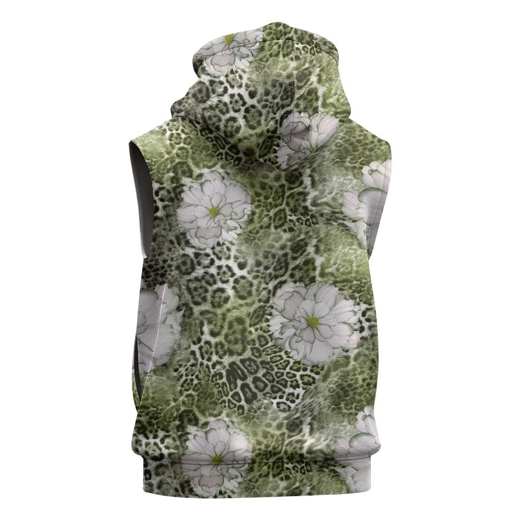 African Leopard Floral Pattern Sleeveless Zip Hoodie Safari Moss
