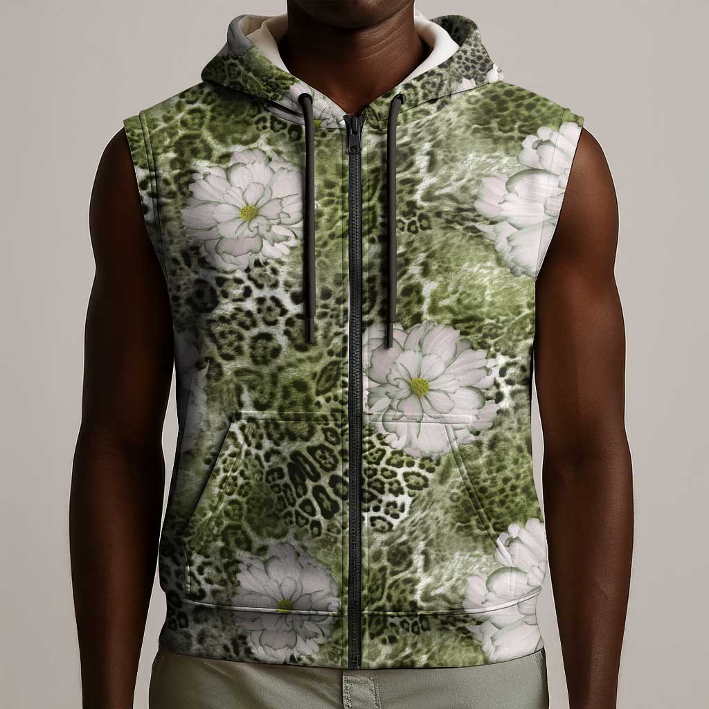 African Leopard Floral Pattern Sleeveless Zip Hoodie Safari Moss