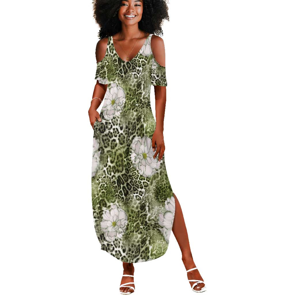 African Leopard Floral Pattern Summer Maxi Dress Safari Moss
