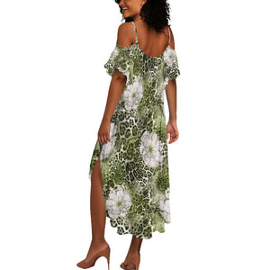 African Leopard Floral Pattern Summer Maxi Dress Safari Moss