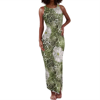 African Leopard Floral Pattern Tank Maxi Dress Safari Moss
