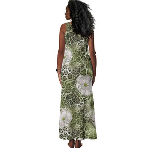 African Leopard Floral Pattern Tank Maxi Dress Safari Moss