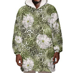 African Leopard Floral Pattern Wearable Blanket Hoodie Safari Moss