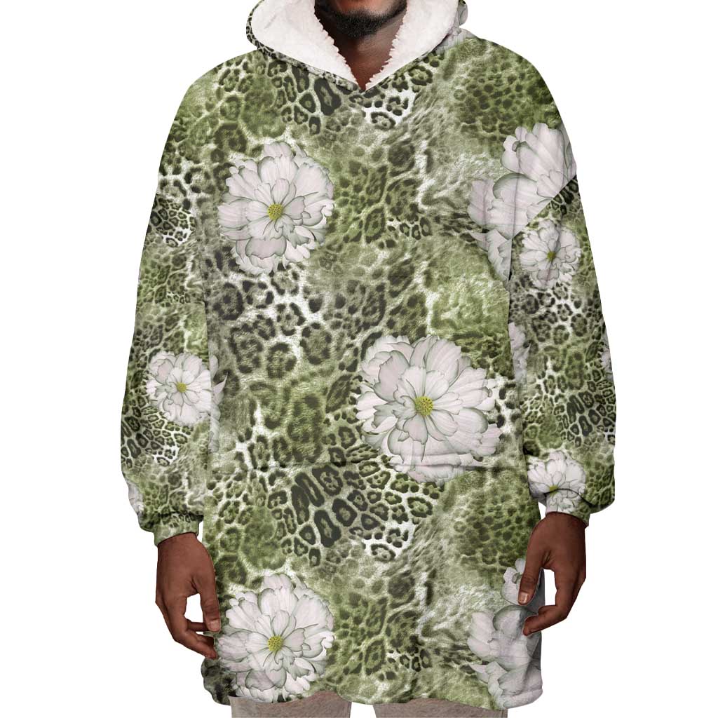 African Leopard Floral Pattern Wearable Blanket Hoodie Safari Moss
