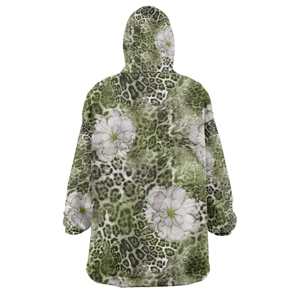 African Leopard Floral Pattern Wearable Blanket Hoodie Safari Moss