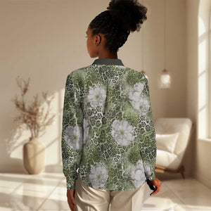 African Leopard Floral Pattern Women Casual Shirt Safari Moss