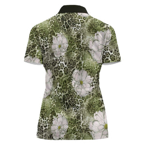 African Leopard Floral Pattern Women Polo Shirt Safari Moss