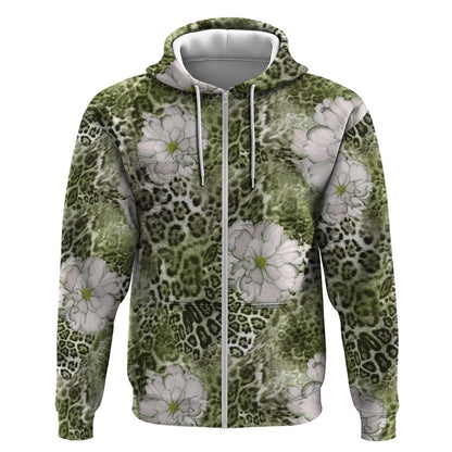African Leopard Floral Pattern Zip Hoodie Safari Moss