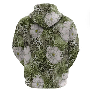 African Leopard Floral Pattern Zip Hoodie Safari Moss