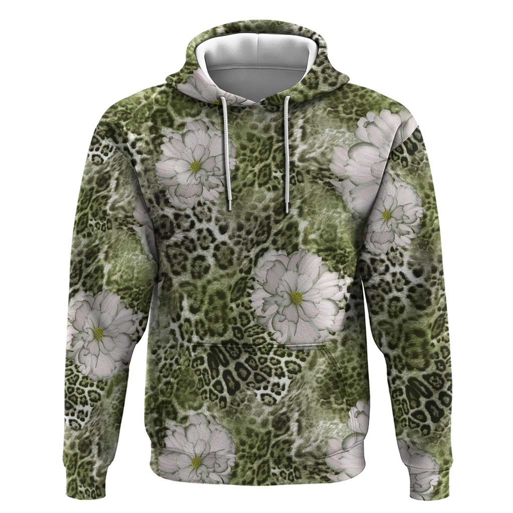 African Leopard Floral Pattern Zip Hoodie Safari Moss