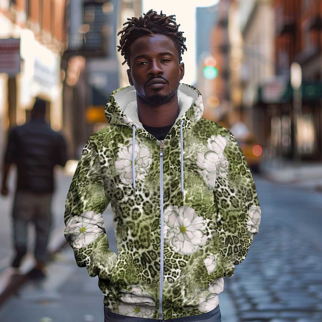 African Leopard Floral Pattern Zip Hoodie Safari Moss