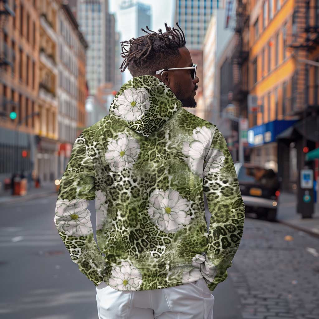 African Leopard Floral Pattern Zip Hoodie Safari Moss
