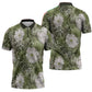 African Leopard Floral Pattern Zipper Polo Shirt Safari Moss