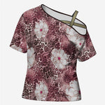 African Leopard Floral Pattern Cross Shoulder Shirt Sunset Mauve
