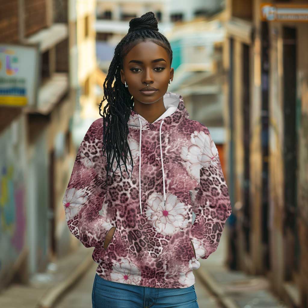 African Leopard Floral Pattern Hoodie Sunset Mauve