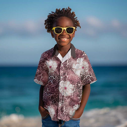 African Leopard Floral Pattern Kid Hawaiian Shirt Sunset Mauve