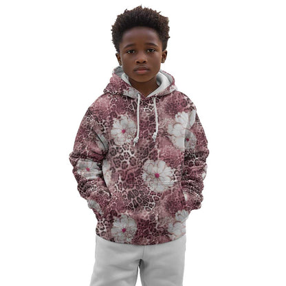 African Leopard Floral Pattern Kid Hoodie Sunset Mauve