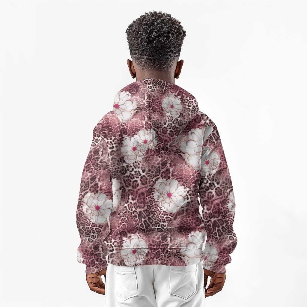 African Leopard Floral Pattern Kid Hoodie Sunset Mauve